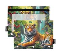 Astuccio a 3 anelli con tigre tropicale, con cerniera, per matite, con stampa artistica, trasparente, per la scuola, 24,9 x 18 cm, confezione da 2