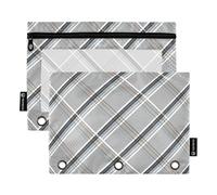 Astuccio a 3 anelli, motivo scozzese, grigio, con cerniera, per la scuola, con tasche trasparenti, colori pastello, 24,9 x 18 cm, confezione da 2