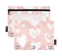 Astuccio a 3 anelli rosa con cuori per San Valentino, raccoglitore con cerniera, per scuola, trasparenti, tasche per ragazze, 24,9 x 18 cm, 2 confezioni