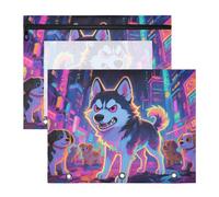 Astuccio a 3 fori con 3 fori per lettere A4, confezione da 2 pezzi, per studenti e aule con cane husky colorato fluorescente
