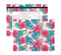 Astuccio a 3 fori con tasca a 3 fori per raccoglitore a 3 anelli, confezione da 2 articoli per insegnanti, forniture per aule scolastiche, foglie tropicali, fiori di ibisco rosso, stella marina, stile