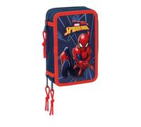 Astuccio a 3 scomparti Safta Spider-Man - 37 pezzi - 13 l - Gomma - Matita - Penne - Temperamatite - Righelli - 16 colori - 14 pennarelli - 125x55x195 mm - Blu navy