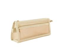 Astuccio a rete a quadri con manico e cerniera, trasparente, a doppio strato, per trucchi, cancelleria, Giallo., Taglia unica