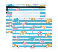 Astuccio adorabile a 3 fori per lettere A4, confezione da 2 pezzi, per studenti e aule scolastiche, a righe blu, bianche, con fenicottero estivo