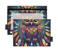 Astuccio arcobaleno per raccoglitori a 3 anelli, simpatico gufo, piume colorate, cerniera scura, raccoglitori, tasche trasparenti per la scuola, 24,9 x 18 cm, 2 confezioni