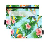 Astuccio blu con foglie di palma tropicali con 3 anelli raccoglitori per penne e matite con cerniera per aula scolastica tasche trasparenti personalizzate 24,9 x 18 cm, 2 confezioni