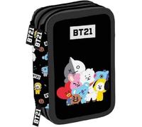 Astuccio BT21 Nero Scuola Elementare Triplo, Astuccio Portapenne e Portamatite Pieno con 18 Matite Colorate, 18 Pennarelli e Set Cancelleria + omaggio portachiavi fischietto e penna colorata