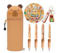 Astuccio Capibara, 4 Penne Pulibili, Portachiavi in PVC, Astuccio 2 in 1 Silicone Morbido, Kawaii per Scuola, Portapenne da Tavolo, Astuccio Cadeau Perfetto per Bambini, Autocollanti Capybara(C4)