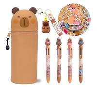 Astuccio Capibara, Penne 6 Colori a Pressione Autocollanti Capybara, Portachiavi in PVC, Astuccio 2 in 1 Silicone Morbido, Kawaii per Scuola, Portapenne da Tavolo, Cadeau Perfetto per Bambini(C3)