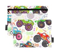 Astuccio colorato Monster Trucks con 3 anelli raccoglitore con cerniera astuccio portapenne tessuto scuola trasparente tasche ragazze 24,9 x 18 cm, 2 confezioni