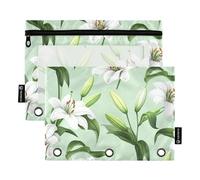 Astuccio colorato per raccoglitori a 3 anelli, con gigli bianchi e verde salvia, con cerniera, trasparente, per la scuola, 24,9 x 18 cm, confezione da 2