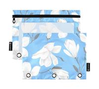 Astuccio con 3 anelli arcobaleno blu bianco magnolia fiori pastello penna matita raccoglitore con cerniera raccoglitore scuola trasparente tasche personalizzate 24,9 x 18 cm, 2 confezioni