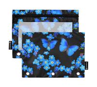 Astuccio con 3 anelli con farfalle blu, fiori e penne nere, con cerniera, grazioso raccoglitore per scuola artistica, tasche trasparenti personalizzate, 24,9 x 18 cm, 2 confezioni