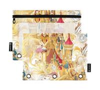Astuccio con 3 anelli con finestra trasparente, motivo castello delle fiabe dorate, astuccio con cerniera in colori assortiti, cartelle perforate a 3 fori, per scuola, classe, ufficio, multicolore, 2