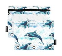 Astuccio con 3 anelli con stampa animalier, motivo orche, balene, mare, con cerniera, per la scuola, con cerniera, 24,9 x 18 cm, confezione da 2