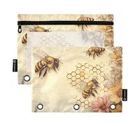 Astuccio con 3 anelli e chiusura lampo, impermeabile, impermeabile, con api e fiori selvatici, colore giallo