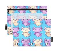 Astuccio con 3 anelli, motivo cartone animato Axolotls, colori pastello, con cerniera, per la scuola, trasparenti, 24,9 x 18 cm, 2 confezioni