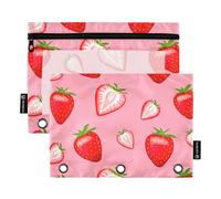 Astuccio con 3 anelli rosso fragole rosa astuccio portapenne con cerniera pastelli scuola raccoglitori trasparenti lavoro 24,9 x 18 cm, 2 confezioni