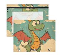 Astuccio con 3 occhielli rinforzati, 3 fori per raccoglitori a 3 anelli, confezione da 2 per insegnanti, studenti, insegnanti, cartoni animati, carino, retrò, drago verde