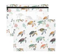 Astuccio con 3 occhielli rinforzati, 3 fori per raccoglitori a 3 anelli, confezione da 2 pezzi, per studenti, studenti, insegnanti, forniture divertenti con tartaruga marina, bianco