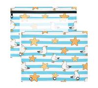 Astuccio con 3 occhielli rinforzati, per lettere formato A4, confezione da 2 pezzi, per studenti di classe, blu, bianco, a righe, stella marina, gabbiano