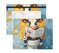 Astuccio con 3 occhielli rinforzati, portapenne, per carta A4, lettere, confezione da 2 pezzi, per insegnanti, lezioni di cartoni animati, mucca, vintage, WC, lettura, giornale