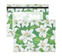 Astuccio con 3 occhielli rinforzati, tasca a 3 fori per lettere A4, confezione da 2 articoli artistici per studenti, con foglie verdi e giglio bianco