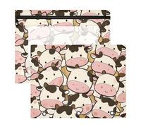 Astuccio con 3 occhielli rinforzati, tasca a 3 fori, per lettere A4, confezione da 2 articoli per la scuola, con mucca in stile cartone animato