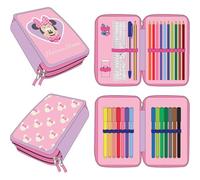 Astuccio con accessori Minnie con pennarelli, penne e matite colorate | Astuccio scolastico triplo con design Disney, Minnie, 12.5x19.5x4.5 cm, Licenza