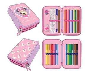 Astuccio con accessori Minnie con pennarelli, penne e matite colorate | Astuccio scolastico triplo con design Disney, Minnie, 12.5x19.5x4.5 cm, Licenza