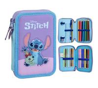 Astuccio con accessori Stitch con pennarelli, matite e penne | Astuccio scolastico per bambini triplo con design Disney, Stitch, 12.5x19.5x4.5 cm, Licenza