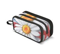 Astuccio con bandiera americana, grande capacità, per ragazzi e ragazze, astuccio a 3 scomparti, per studenti, cancelleria, pennarelli, scuola, ufficio, lavoro, Bandiera americana Daisy Flower, Taglia