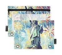 Astuccio con cerniera a 3 anelli con finestra trasparente, statua della libertà in piedi con fuochi d'artificio sullo sfondo, astuccio con cerniera con cerniera rinforzata con occhielli tasca