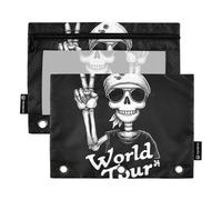 Astuccio con cerniera a 3 anelli con teschio con segno di pace con finestra trasparente con cerniera grande e robusto raccoglitore a 3 anelli per forniture per ufficio, multicolore, 2 pezzi