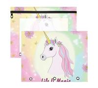 Astuccio con cerniera a 3 anelli tasca per lettere A4, confezione da 2 pezzi, per studenti e aule, unicorni magici, pastello