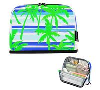 Astuccio con cerniera Astuccio grande per matite con palme verdi a righe blu borse per matite per ragazze aula portapenne per studenti torna a scuola adulti forniture per ufficio