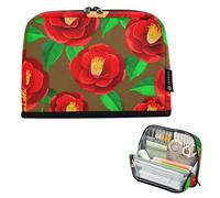 Astuccio con cerniera, astuccio per matite e matite, grazioso astuccio per ragazze, cancelleria, adulti, bambini, per il rientro a scuola, con camelia rossa, fiori marroni