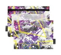 Astuccio con cerniera con finestra trasparente, colorato, alla moda, in tessuto, con graffiti, grande e robusto, 3 anelli, per scuola, scuola, ufficio, multicolore, 2 pezzi