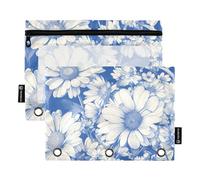 Astuccio con cerniera con finestra trasparente, piccola margherita blu e bianca, grande astuccio con cerniera, grande capacità, 3 fori, cartelle perforate per ufficio, scuola, cosmetici, multicolore