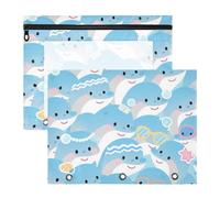 Astuccio con cerniera portapenne per lettere A4, confezione da 2 pezzi, per studenti, studenti, insegnanti, cartoni animati, grazioso delfino, blu