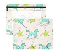 Astuccio con cerniere lisce, per lettere di carta A4, confezione da 2 pezzi, per studenti e oggetti artistici, animali infantili, manta, ray, stella marina, cavallo, verde