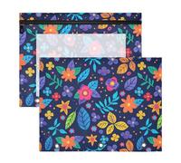 Astuccio con cerniere lisce, tasca a 3 anelli, per lettere formato A4, confezione da 2 pezzi, per studenti, ufficio, fiori multicolori, nero