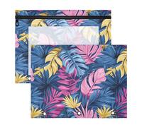 Astuccio con cerniere lisce, tasca a 3 anelli per lettere formato A4, confezione da 2 pezzi, per studenti, casa, stile tropicale, foglie di palma, rosa e blu