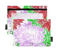 Astuccio con fiori di crisantemo rosso e viola per raccoglitori a 3 anelli, penne, matite, raccoglitori con cerniera, pastelli, raccoglitori trasparenti per la scuola, tasche per studenti, 24,9 x 18