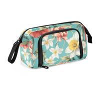 Astuccio con fiori narcisi, peonia, narciso, turchese, grande capacità, astuccio portatile con scomparti per forniture scolastiche preppy