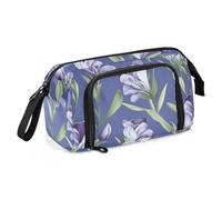 Astuccio con fiori viola e foglie verdi, grande capacità, astuccio con manico, astuccio per la scuola per studenti universitari cosmetici