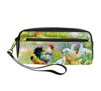 Astuccio con gallo, gallina, pulcini, oche giocano in riva al fiume, astuccio in pelle PU con cerniera, per ragazzi e ragazze, articoli per la scuola e l'ufficio