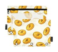Astuccio con motivo a 3 anelli, monete dorate, beige, per penne, matite, raccoglitori con cerniera, tasche trasparenti, in tessuto, 24,9 x 18 cm, 2 confezioni