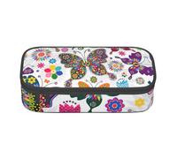 Astuccio con motivo floreale bianco e farfalle colorate, grande capacità, con cerniera, per ragazzi e ragazze, studenti, scuola, Nero , Taglia unica, Valigia