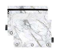 Astuccio con motivo marmo bianco con accenni di nero, per raccoglitori a 3 anelli, 2 astucci per matite con cerniera, finestra trasparente con cerniera, astuccio per matite per forniture per ufficio